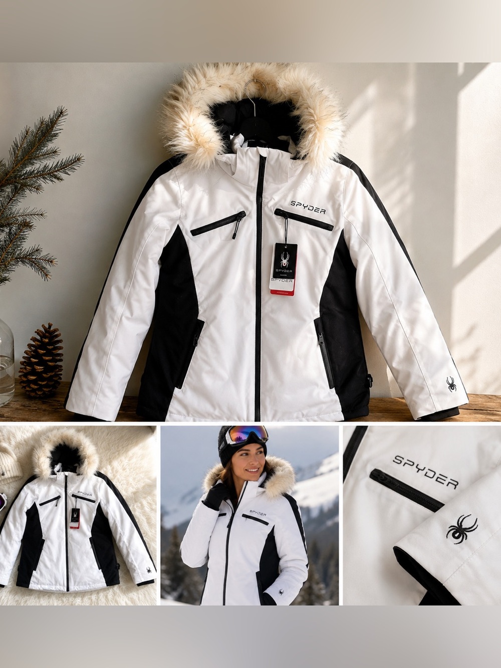 Spyder Women's Weatherproof Ski Jacket Detachable Fur Lined Black & White sz S
